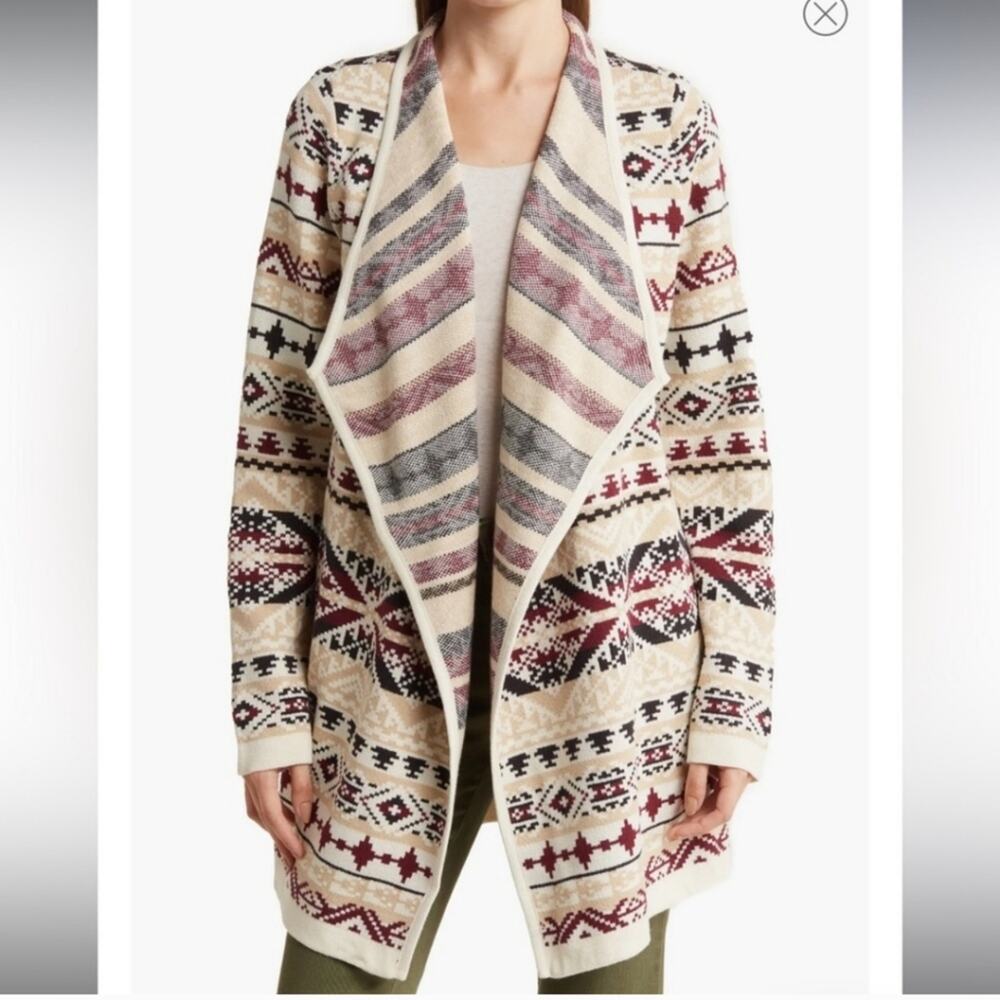 Lucky Brand Jacquard Cardigan Open Front Longline Aztec Southwest Size XL